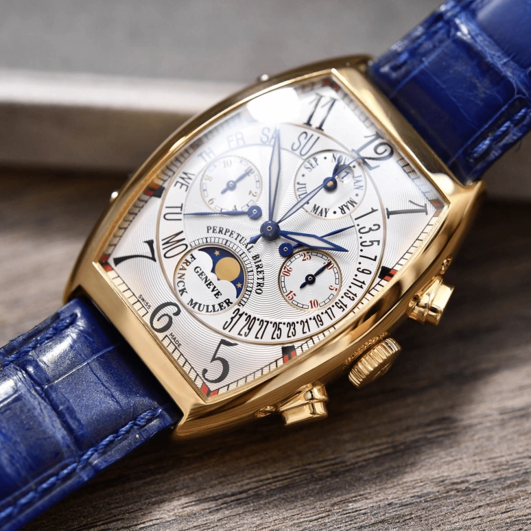 Franck Muller,Vintage 41x36mm,41x36mm,Yellow Gold,White,Automatic,Chronograph,Moonphase,Perpetual Calendar,Month,Sapphire,Crystal Glass,Tonneau,6850 CC QPB
