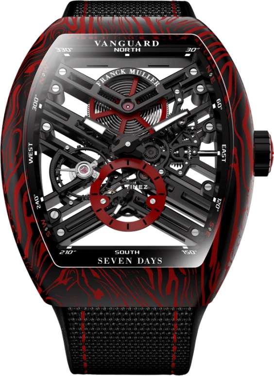 Franck Muller,VANGUARD 42.50x52.70mm,42.50x52.70mm,Forged Carbon,Stainless Steel,Black,Skeleton,Automatic,Power Reserve Indicator,42hours,V 43 S6 SQT CARBONE AMS RG NR