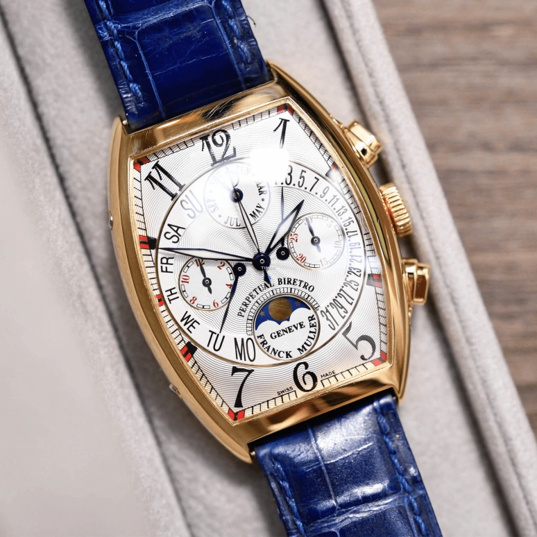 Franck Muller,Vintage 41x36mm,41x36mm,Yellow Gold,White,Automatic,Chronograph,Moonphase,Perpetual Calendar,Month,Sapphire,Crystal Glass,Tonneau,6850 CC QPB