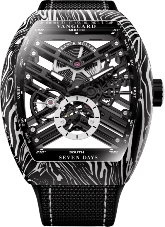 Franck Muller,VANGUARD 42.50x52.70mm,42.50x52.70mm,Forged Carbon,Stainless Steel,Skeleton,Black,Handwound,Power Reserve Indicator,168hours,V 43 S6 SQT CARBONE AMS BC NR