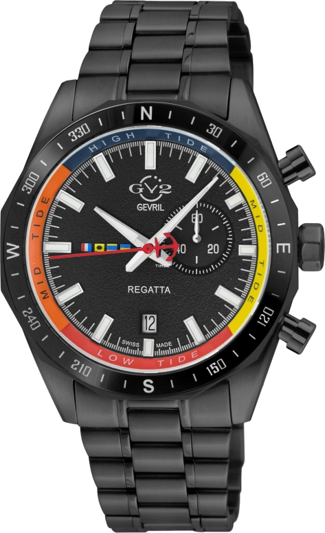 Gevril,Regatta 42mm,42mm,Stainless Steel,Black,Quartz,Day,Tide,42704B