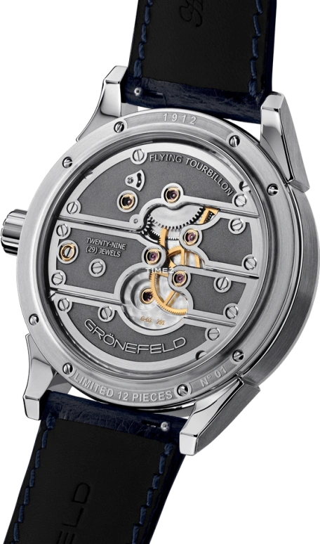 Grönefeld,Parallax Tourbillon 43mm,43mm,Stainless Steel,Silver,White,Handwound,Power Reserve Indicator,Tourbillon,Function Selector,Parallax tourbillon 1912 ST