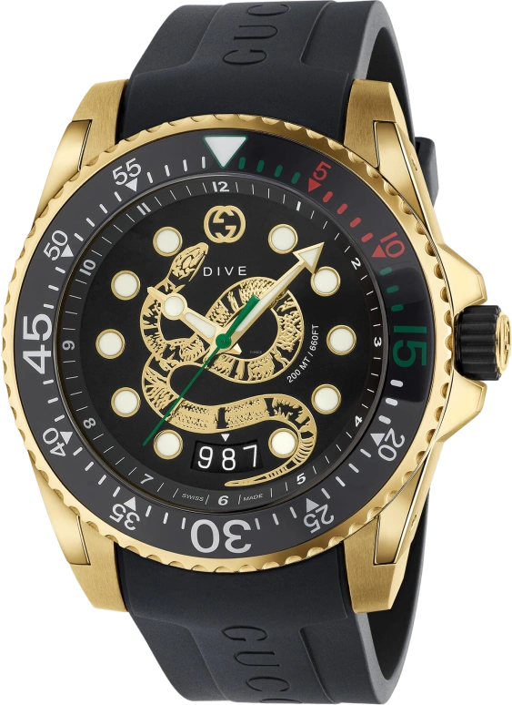 GUCCI,Gucci Dive 45mm,45mm,Stainless Steel,Gold,Black,Sapphire,Crystal Glass,Closed,YA136219