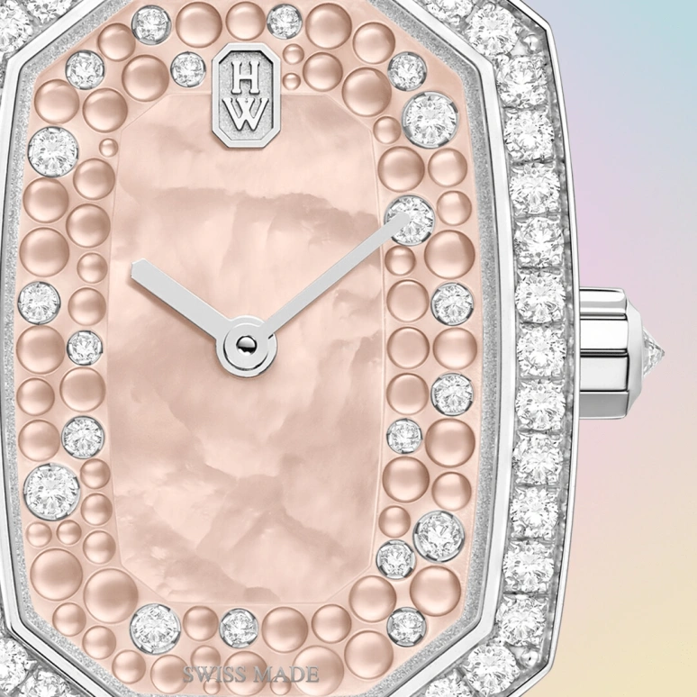 Harry Winston,Emerald 17.7x24mm,17.7x24mm,Gold,White Gold,Champagne,Quartz,In-house Caliber,Mother of Pearl,EMEQHM18WW017