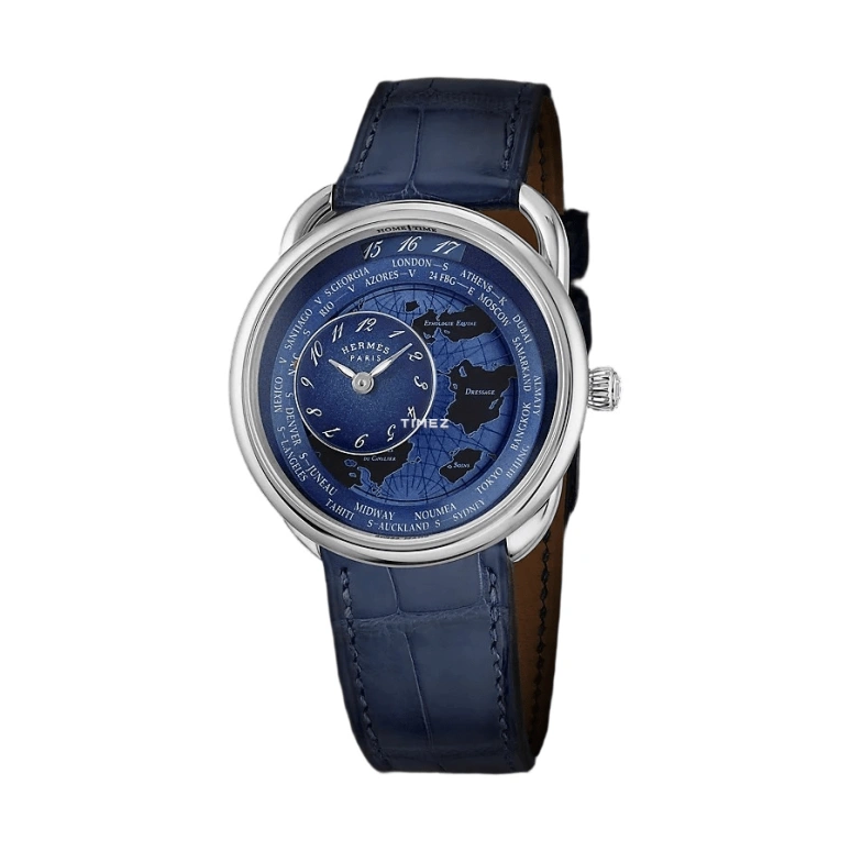 Hermès,Arceau 38mm,38mm,Stainless Steel,Blue,Automatic,Dule Time,World Time,W057196WW00