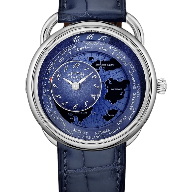 Hermès,Arceau 38mm,38mm,Stainless Steel,Blue,Automatic,Dule Time,World Time,W057196WW00