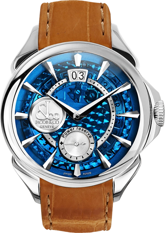 Jacob & Co.,Palatial 42mm,42mm,Stainless Steel,Crystal,Blue,Handwound,Day,Power Reserve Indicator,PC400,PC400.10.NS.MB.A