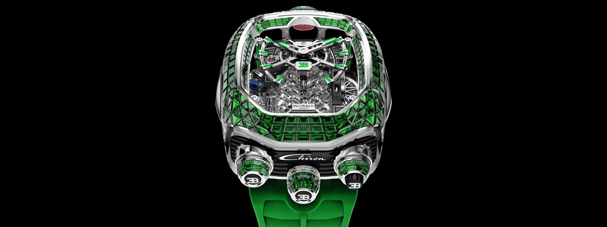 Jacob & Co.,Bugatti Chiron 55x44mm,55x44mm,Gold,White Gold,Silver,Black,Green,Handwound,60hours,In-house Caliber,BU800,BU800.30.BE.UA.ABRUA