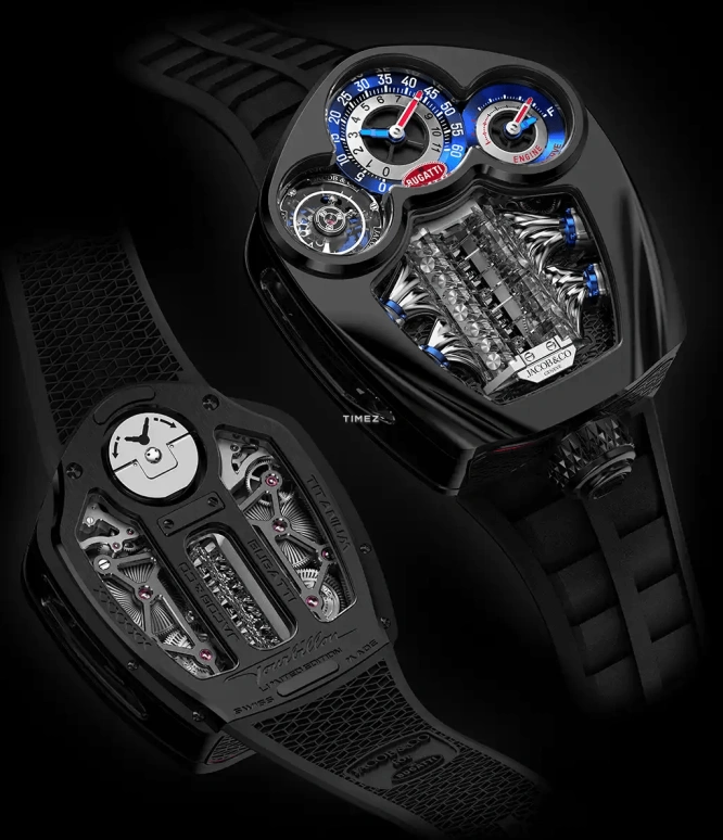 Jacob & Co.,Bugatti Chiron 52x44mm,52x44mm,Titanium,Blue,Silver,Handwound,Power Reserve Indicator,Tourbillon,Retrograde,BU300,BU300.21.AA.AA.A