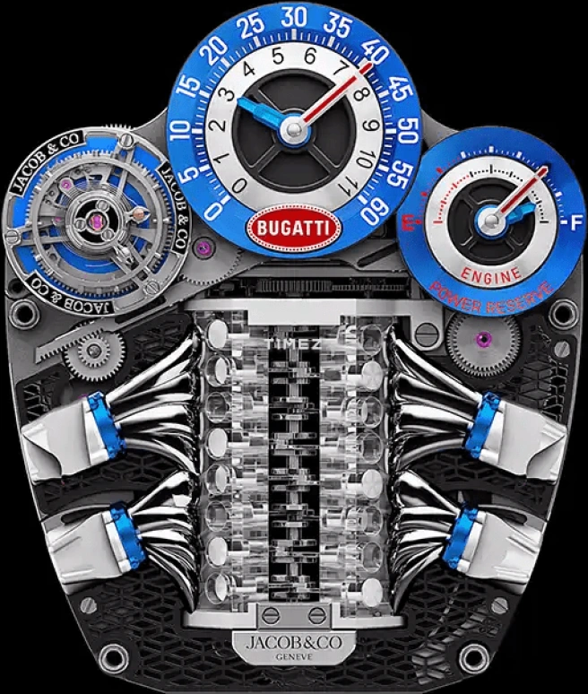 Jacob & Co.,Bugatti Chiron 52x44mm,52x44mm,Titanium,Blue,Silver,Handwound,Power Reserve Indicator,Tourbillon,Retrograde,BU300,BU300.21.AA.AA.A