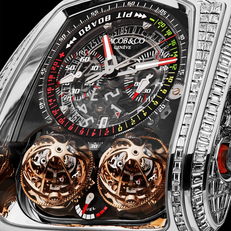 Jacob & Co.,Twin Turbo Furious 57x52mm,57x52mm,White Gold,Black,Handwound,Chronograph,Power Reserve Indicator,Tourbillon,Minute Repeater,50hours,In-house Caliber,TT800,TT800.30.BD.AA.A