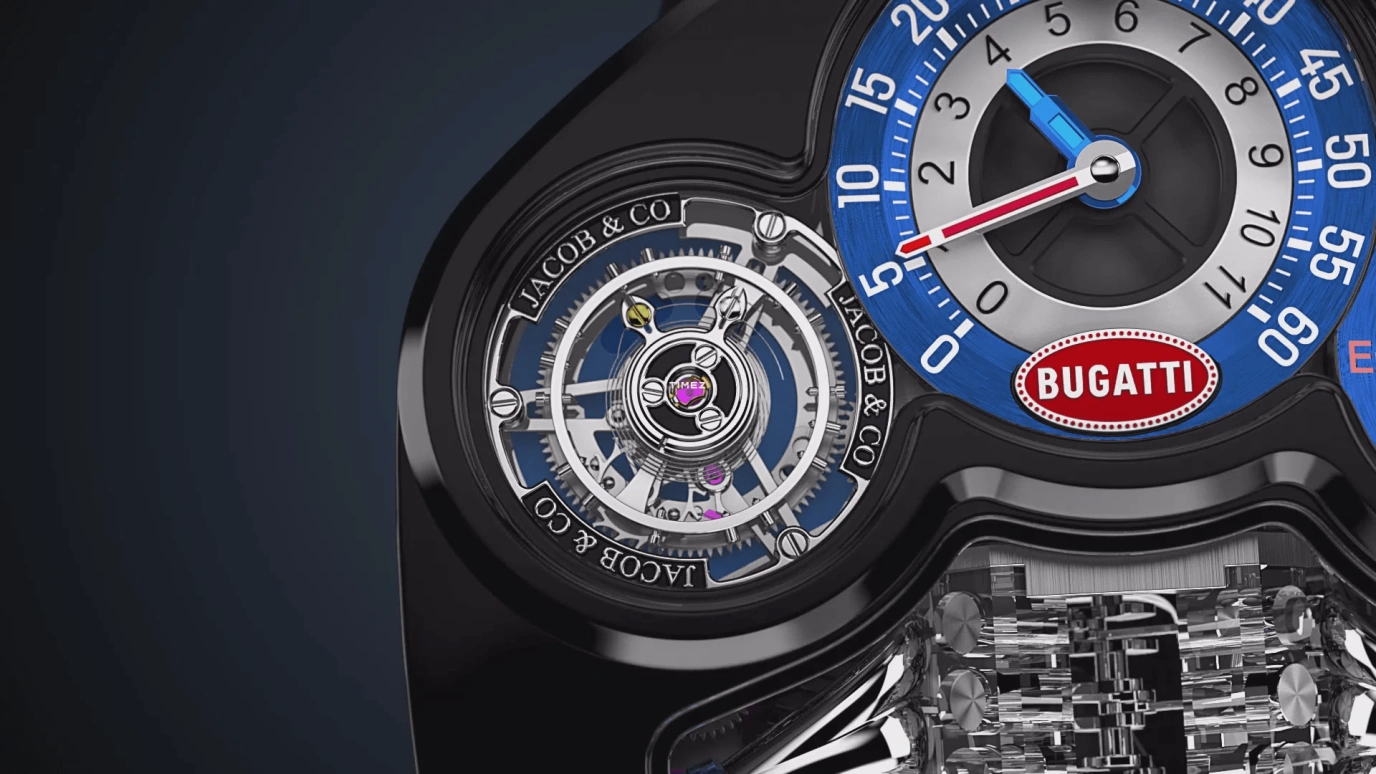 Jacob & Co.,Bugatti Chiron 52x44mm,52x44mm,Titanium,Blue,Silver,Handwound,Power Reserve Indicator,Tourbillon,Retrograde,BU300,BU300.21.AA.AA.A