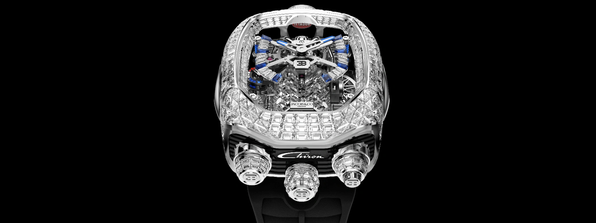 Jacob & Co.,Bugatti Chiron 55x44mm,55x44mm,White Gold,Skeleton,Handwound,Chronograph,Tourbillon,BU800,BU800.30.BD.BD.A