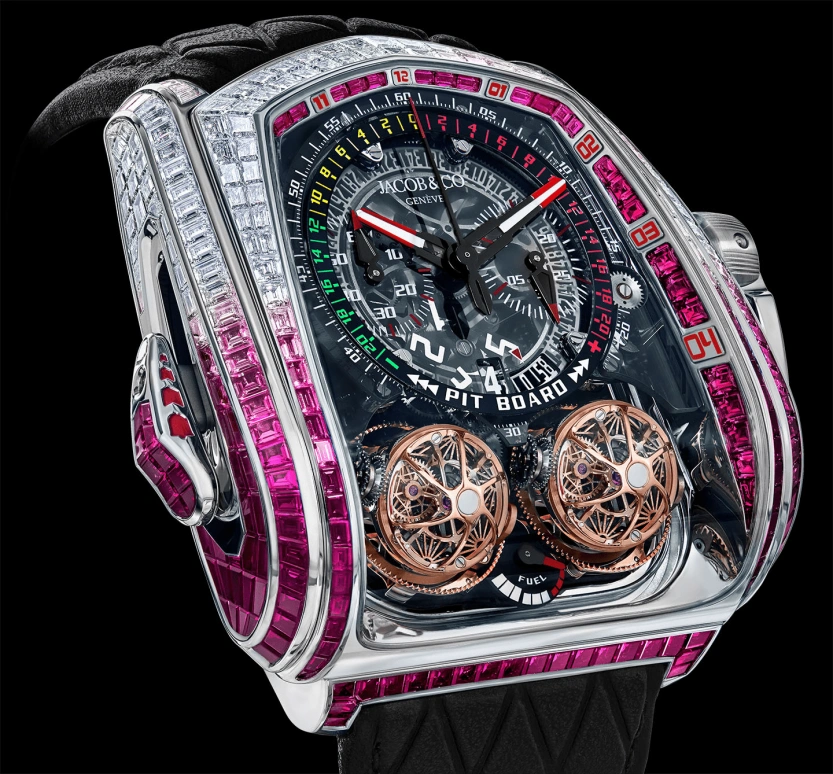 Jacob & Co.,Twin Turbo Furious 52x57mm,52x57mm,White Gold,Skeleton,Handwound,Chronograph,Power Reserve Indicator,Tourbillon,Minute Repeater,50hours,In-house Caliber,TT800,TT800.30.BR.UA.A