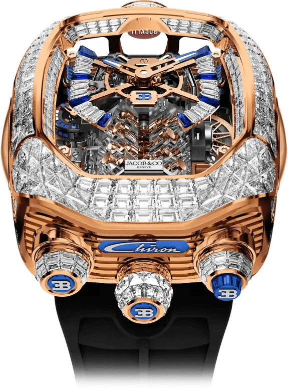 Jacob & Co.,Bugatti Chiron 55x44mm,55x44mm,Rose Gold,Sapphire,Crystal,Silver,Blue,Rose Gold,Handwound,Power Reserve Indicator,Tourbillon,Hollow Out,BU800,BU800.40.BD.AA.A