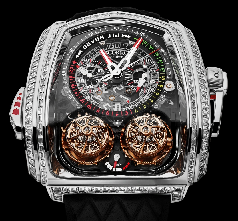 Jacob & Co.,Twin Turbo Furious 57x52mm,57x52mm,White Gold,Black,Handwound,Chronograph,Power Reserve Indicator,Tourbillon,Minute Repeater,50hours,In-house Caliber,TT800,TT800.30.BD.AA.A