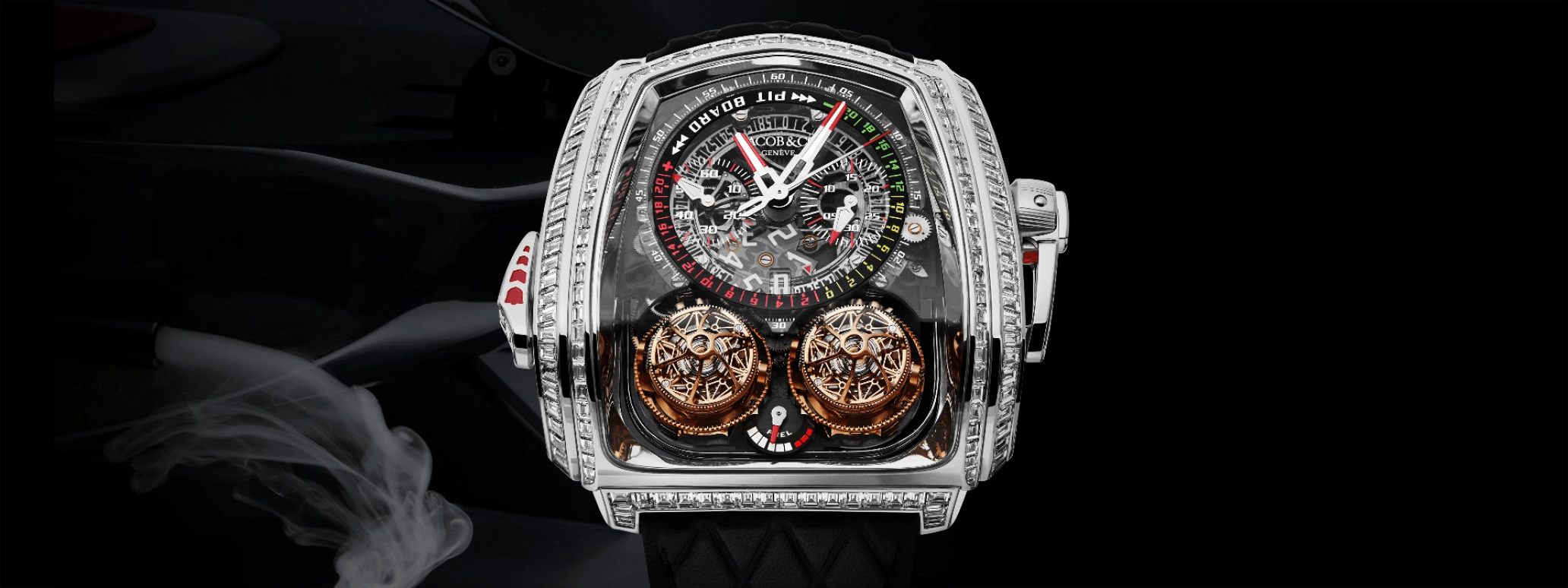 Jacob & Co.,Twin Turbo Furious 57x52mm,57x52mm,White Gold,Black,Handwound,Chronograph,Power Reserve Indicator,Tourbillon,Minute Repeater,50hours,In-house Caliber,TT800,TT800.30.BD.AA.A