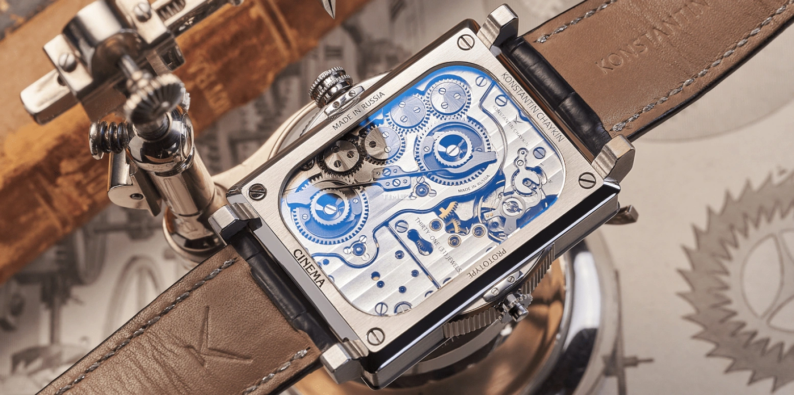 Konstantin Chaykin,Cinema 47.60x37.60mm,47.60x37.60mm,White Gold,Black,Handwound,Sapphire,Crystal Glass,Square,Cinema