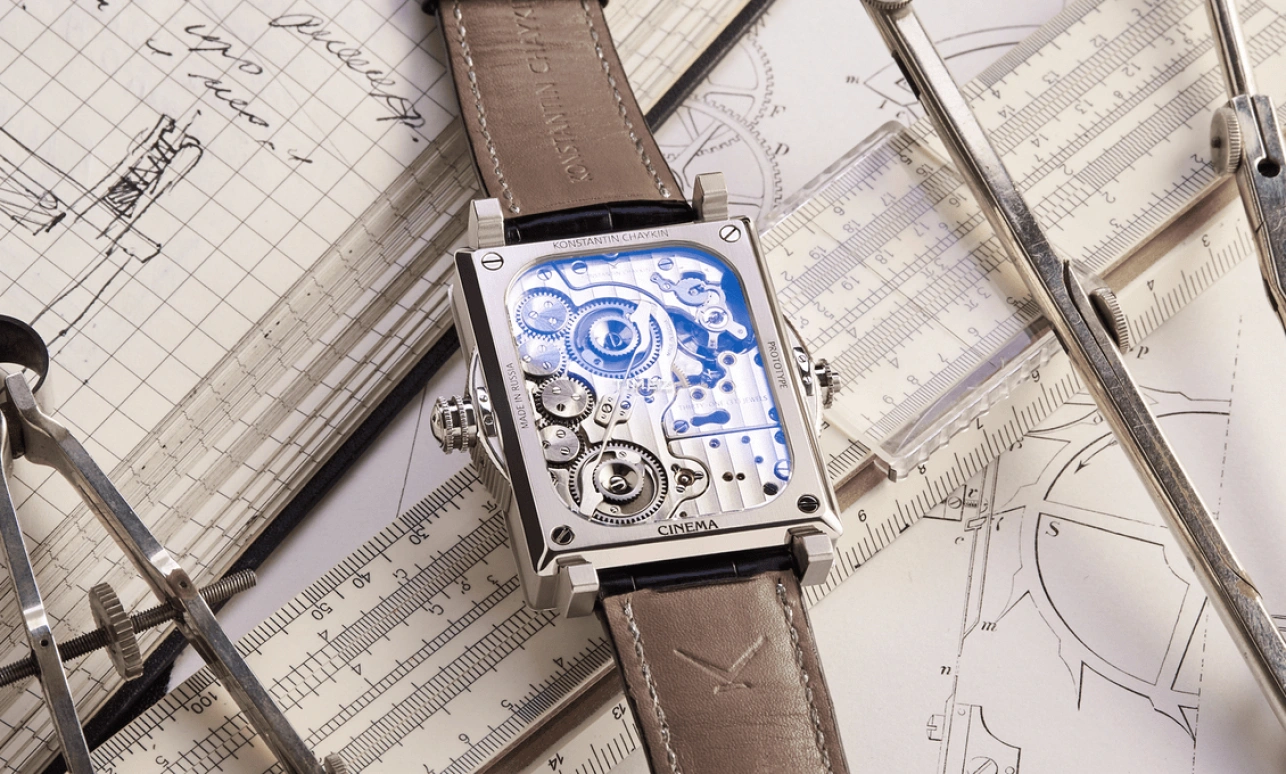 Konstantin Chaykin,Cinema 47.60x37.60mm,47.60x37.60mm,White Gold,Black,Handwound,Sapphire,Crystal Glass,Square,Cinema