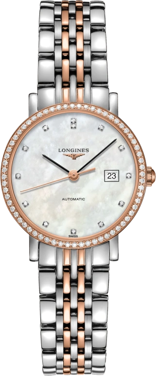 Longines,Elegant 29mm,29mm,Pink Gold,Stainless Steel,White,Automatic,Date,40hours,L4,L4.310.5.88.7