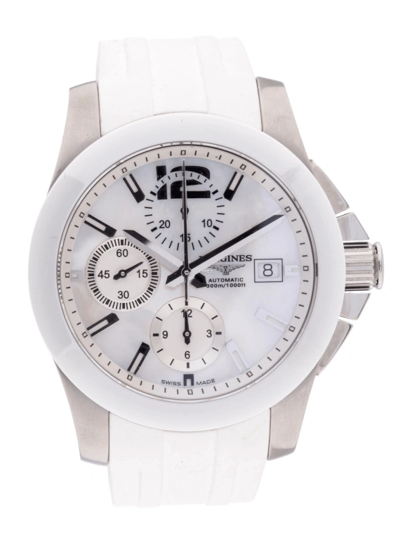 Longines,Conquest 41mm,41mm,Ceramic,Stainless Steel,White,Automatic,Chronograph,Day,L3,L3.661.4.86.2