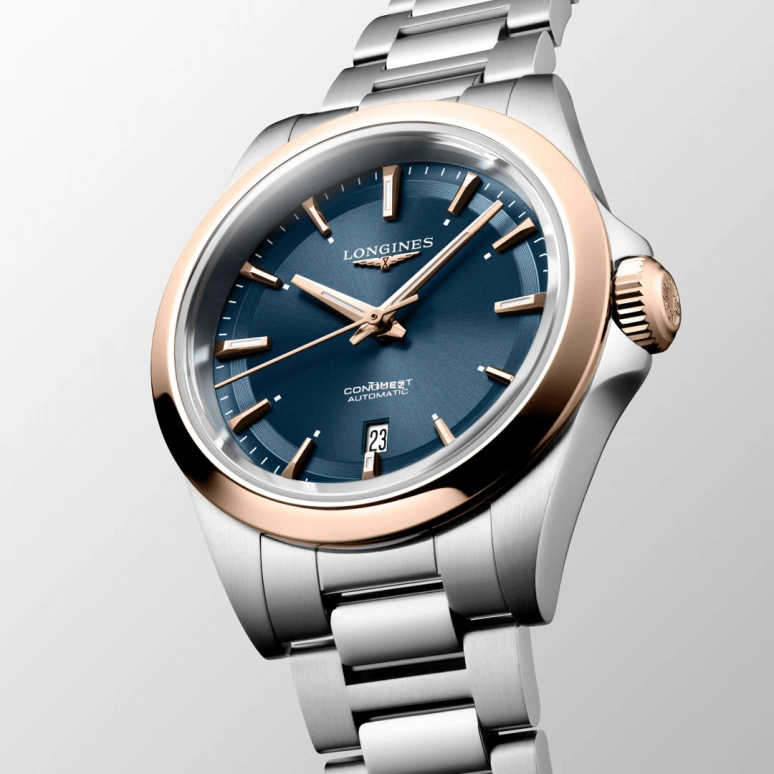 Longines,Conquest 30mm,30mm,Stainless Steel,Rose Gold,Blue,Automatic,Day,40hours,L3,L3.320.5.92.6