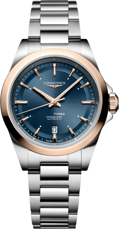 Longines,Conquest 30mm,30mm,Stainless Steel,Rose Gold,Blue,Automatic,Day,40hours,L3,L3.320.5.92.6