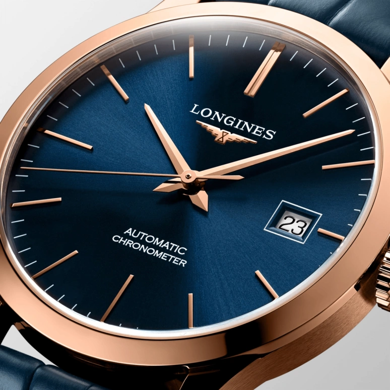 Longines,Record 38.50mm,38.50mm,Pink Gold,Stainless Steel,Blue,Automatic,Date,64hours,L2,L2.820.8.92.2