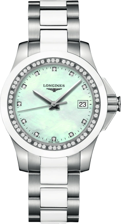 Longines,Conquest 35mm,35mm,Ceramic,Stainless Steel,Silver White,Quartz,Date,26280hours,L3,L3.281.0.87.7