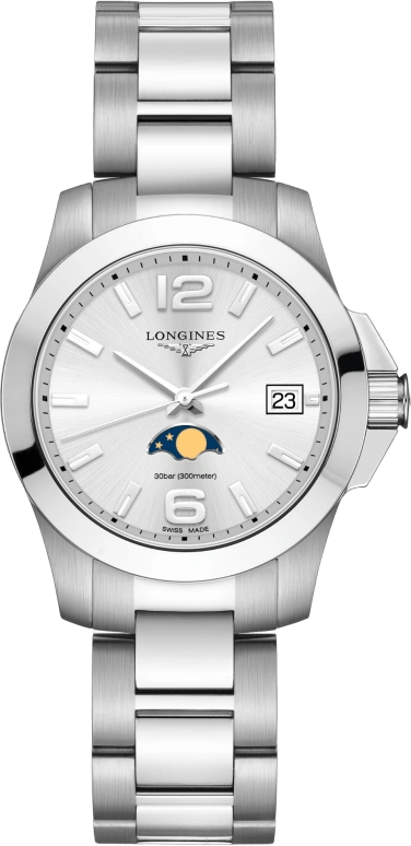 Longines,Conquest 34mm,34mm,Stainless Steel,Silver,Quartz,Moonphase,Date,L3,L3.381.4.76.6