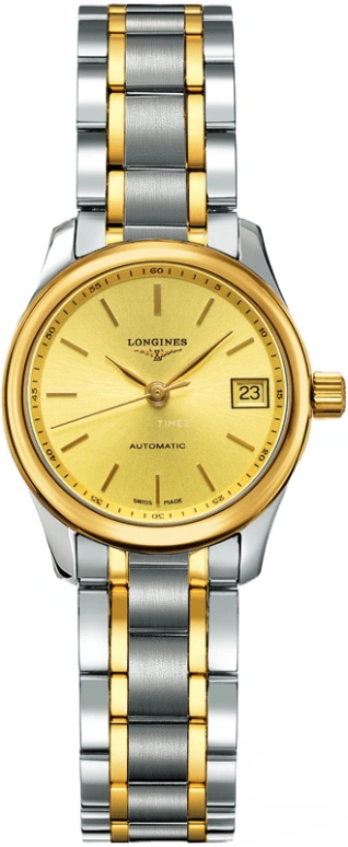 Longines,Master 25.50mm,25.50mm,Yellow Gold,Stainless Steel,Champagne,Automatic,Date,40hours,L2,L2.128.5.32.7