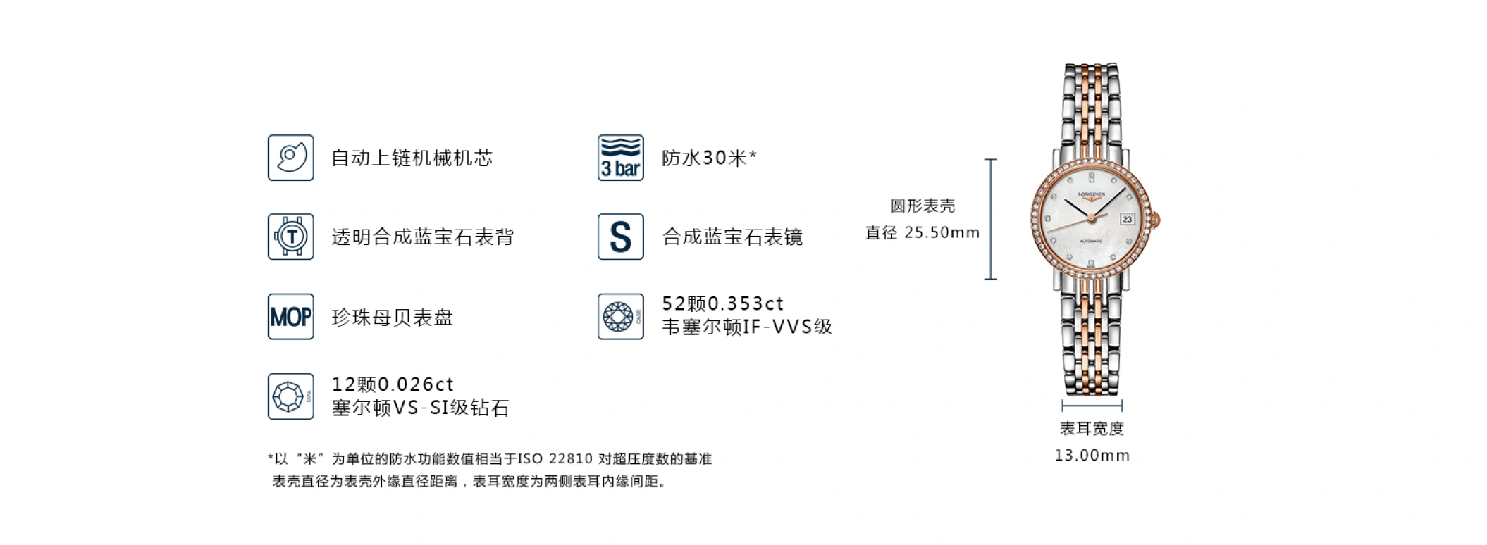 浪琴,博雅 25.50毫米,25.50毫米,不锈钢,白色,自动上弦,星期历,40小时,L4,L4.309.5.88.7