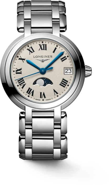 Longines,PrimaLuna 34mm,34mm,Stainless Steel,Silver,Quartz,Moonphase,Date,L8,L8.116.4.71.6