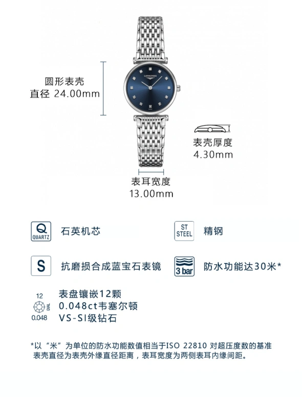 浪琴,嘉岚 24毫米,24毫米,不锈钢,蓝色,石英,26280小时,自制机芯,L4,L4.209.4.97.6