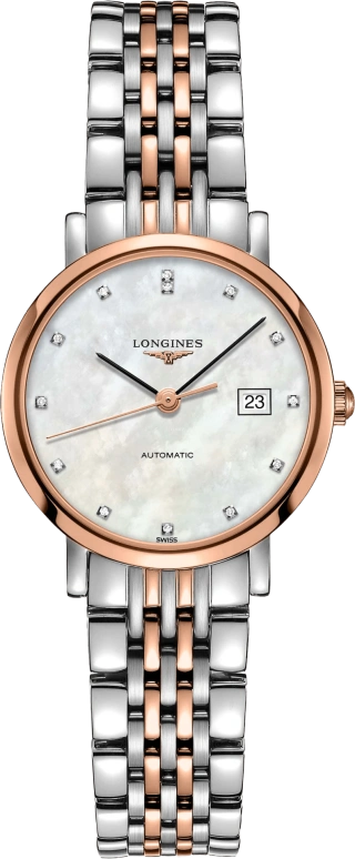 Longines,Elegant 29mm,29mm,Pink Gold,Stainless Steel,White,Automatic,Date,40hours,L4,L4.310.5.87.7