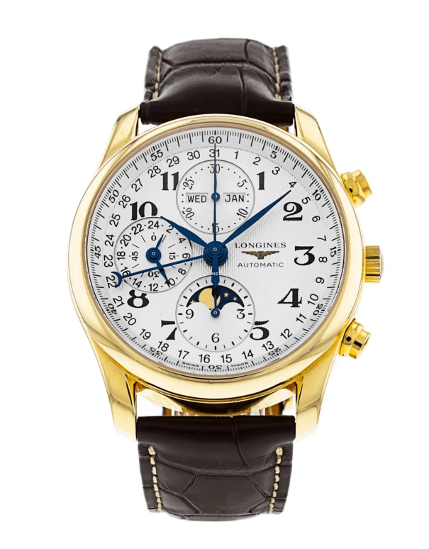 Longines,Master 40mm,40mm,Yellow Gold,Beige,Automatic,Chronograph,Moonphase,Month,Date,42hours,In-house Caliber,L2,L2.673.6.78.5