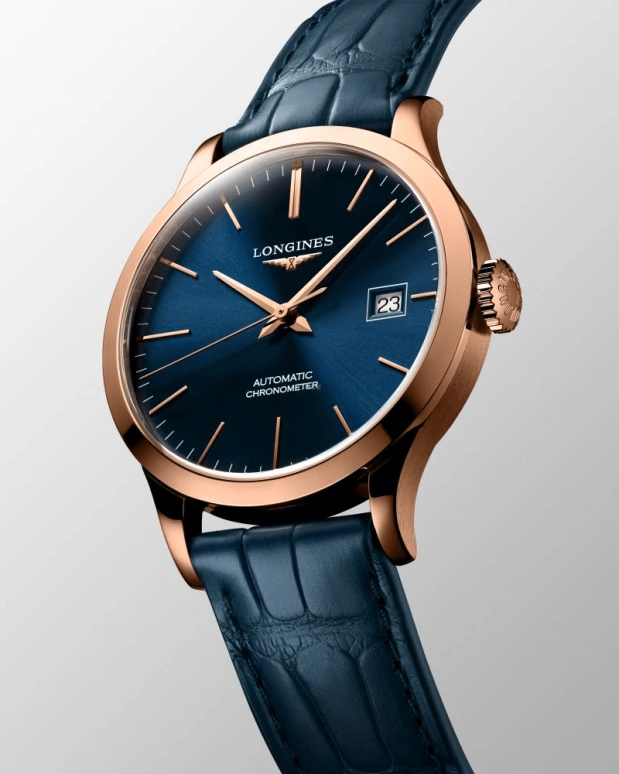 Longines,Record 38.50mm,38.50mm,Pink Gold,Stainless Steel,Blue,Automatic,Date,64hours,L2,L2.820.8.92.2