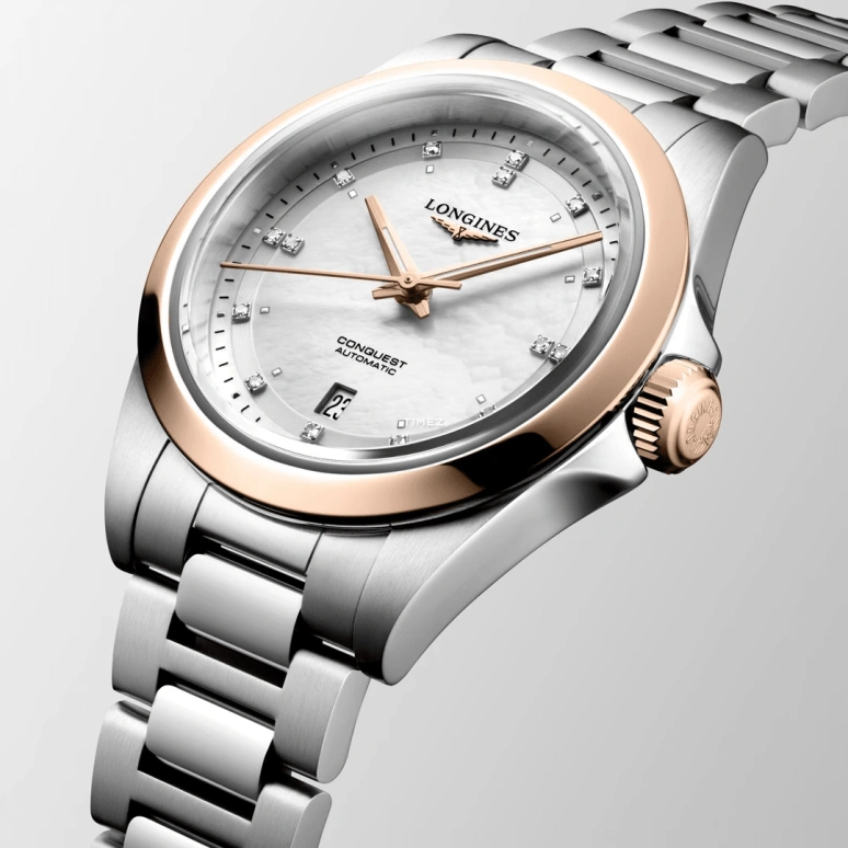 Longines,Conquest 30mm,30mm,Stainless Steel,Rose Gold,White,Automatic,Day,40hours,L3,L3.320.5.87.6