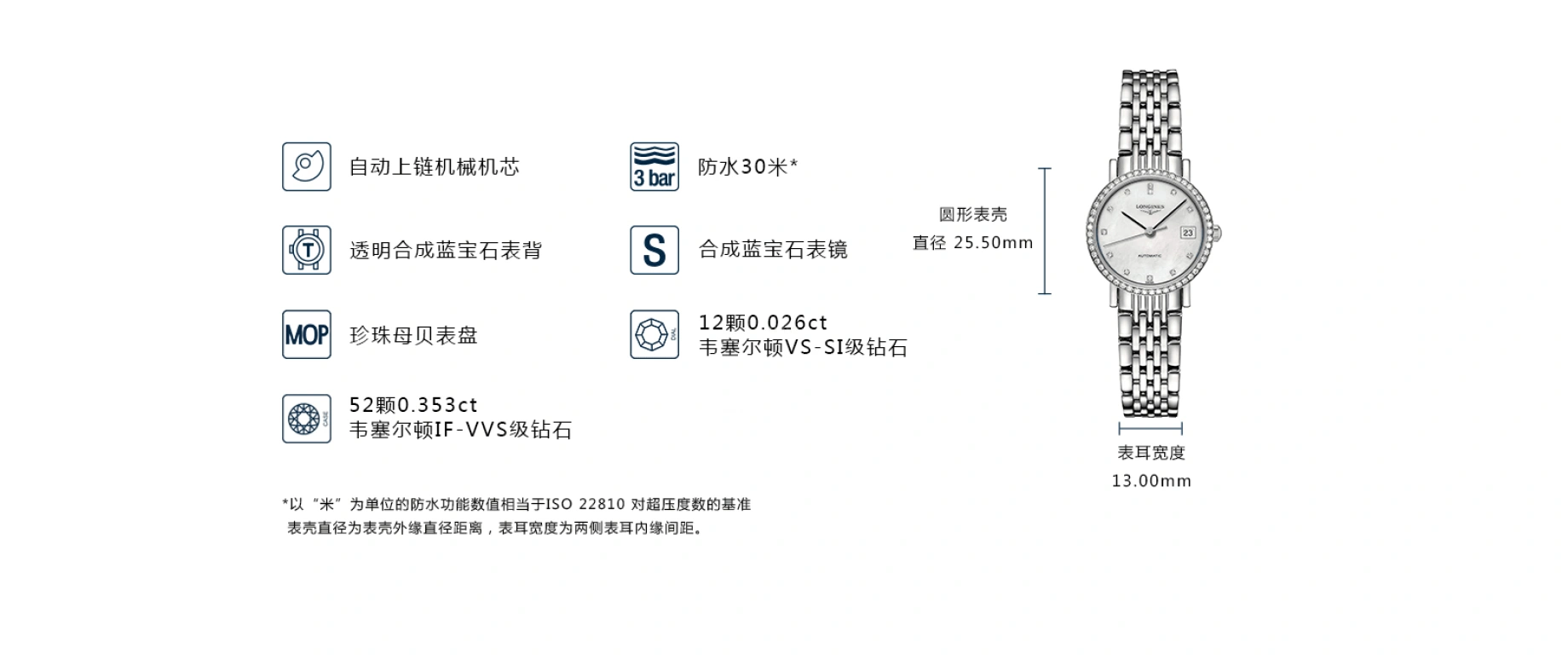 浪琴,博雅 25.50毫米,25.50毫米,不锈钢,白色,自动上弦,星期历,40小时,L4,L4.309.0.87.6