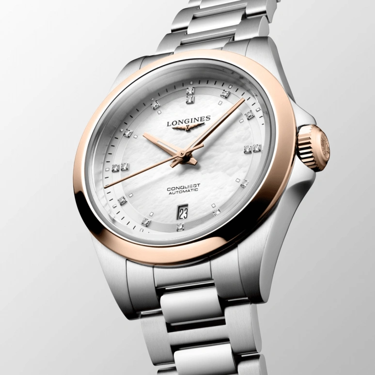 Longines,Conquest 30mm,30mm,Stainless Steel,Rose Gold,White,Automatic,Day,40hours,L3,L3.320.5.87.6