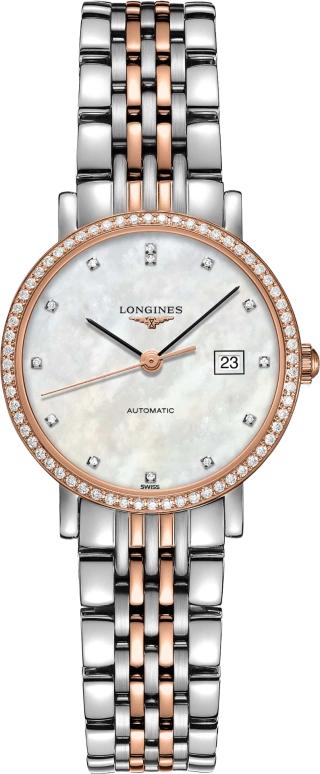 Longines,Elegant 29mm,29mm,Pink Gold,Stainless Steel,White,Automatic,Date,40hours,L4,L4.310.5.88.7