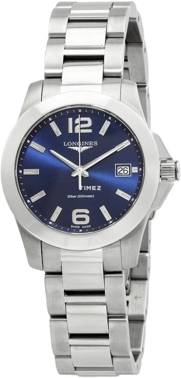 Longines,Conquest 34mm,34mm,Stainless Steel,Blue,Quartz,Day,26280hours,L3,L3.377.4.96.6