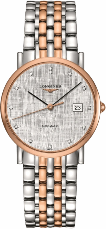 Longines,Elegant 34.50mm,34.50mm,Red Gold,Stainless Steel,Silver,Automatic,Date,65hours,L4,L4.809.5.77.7