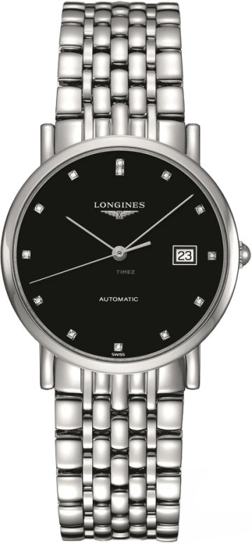 Longines,Elegant 34.50mm,34.50mm,Stainless Steel,Black,Automatic,Date,65hours,L4,L4.809.4.57.6