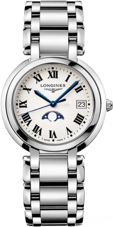 Longines,PrimaLuna 34mm,34mm,Stainless Steel,Silver,Quartz,Moonphase,Date,L8,L8.116.4.71.6