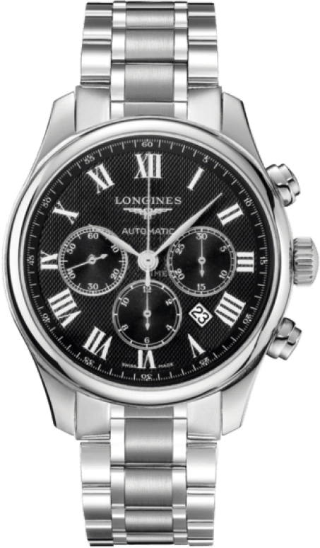 Longines,Master 44mm,44mm,Stainless Steel,Black,Automatic,Chronograph,Moonphase,Date,Column Wheel,54hours,In-house Caliber,L2,L2.859.4.51.6