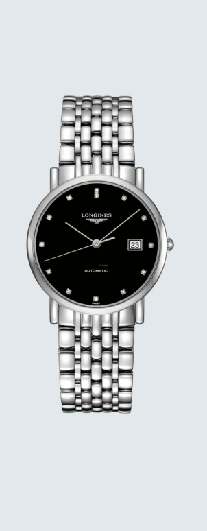 Longines,Elegant 34.50mm,34.50mm,Stainless Steel,Black,Automatic,Date,65hours,L4,L4.809.4.57.6