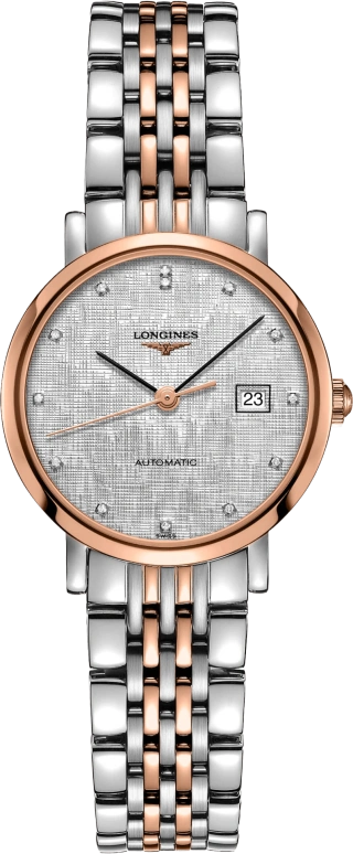 Longines,Elegant 29mm,29mm,Pink Gold,Stainless Steel,Silver,Automatic,Date,40hours,L4,L4.310.5.77.7