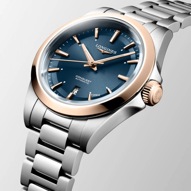 Longines,Conquest 30mm,30mm,Stainless Steel,Rose Gold,Blue,Automatic,Day,40hours,L3,L3.320.5.92.6