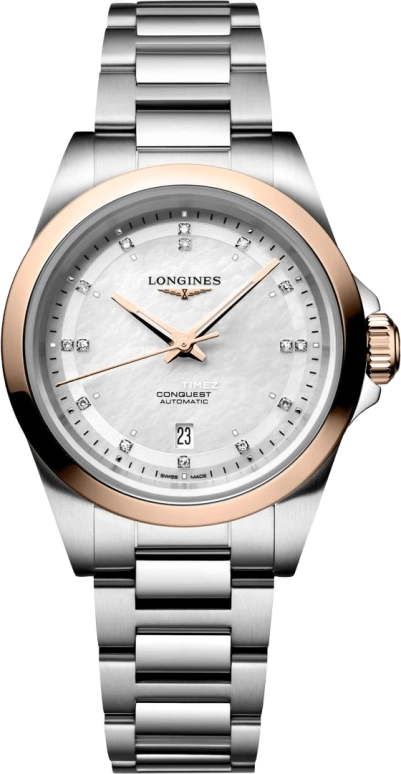 Longines,Conquest 30mm,30mm,Stainless Steel,Rose Gold,White,Automatic,Day,40hours,L3,L3.320.5.87.6